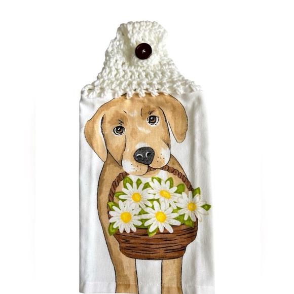 Hand Crafted Other - Hand Crafted Hanging Kitchen Hand Towel Dog and Flowers Colorful Crochet Top